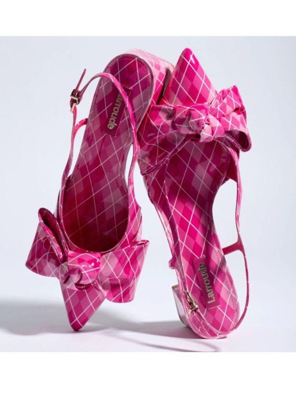 Larroude Elle Pointed Toe Slingback Pumps Sz 6.5 Pink Argyle Patent Leather NEW